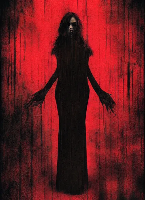 Image similar to dark design poster, realistic, portrait of a vampire woman in a long red dress, black background with very subtle red and purple design elements, powerful, nekro, vito acconci, thin straight lines, dark, glitch art, neo vaporwave, gritty, layout frame, square, extremly detailed, trending on artstation