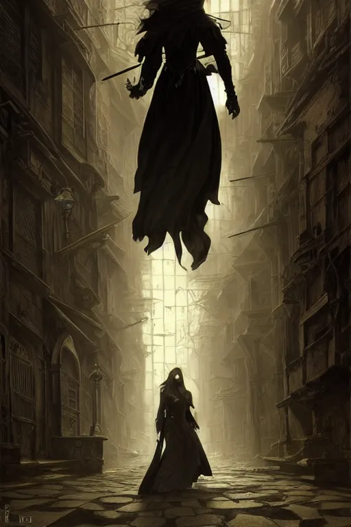 Prompt: an assassin walking in a dark gothic alley at night, high - key lighting, beautiful composition, intricate, gradient from black to silver, pro photography by, highly detailed, digital painting, art by artgerm and greg rutkowski and alphonse mucha, smooth, sharp focus illustration