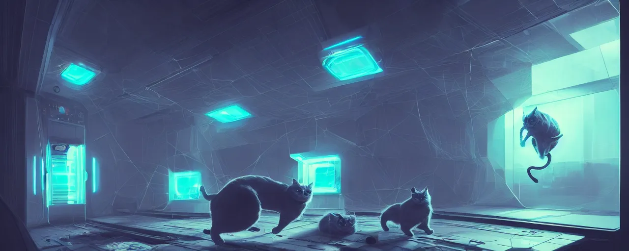 Image similar to duotone noir scifi concept dynamic illustration of 3 d mesh of cat inside box zero gravity glowing 3 d mesh quantum portals, glowing eyes, octane render, surreal atmosphere, volumetric lighting. accidental renaissance. by sachin teng and sergey kolesov and ruan jia and heng z. graffiti art, scifi, fantasy, hyper detailed. trending on artstation