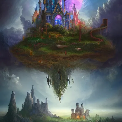 Image similar to enchanted magic castle in the sky, digital art, beautiful composition, highly detailed, trending on artstation, devianart, cgsociety