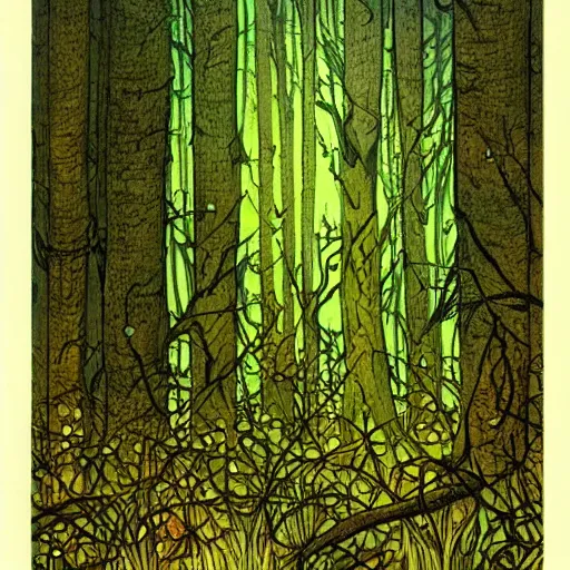 Prompt: Forest at night with floating lights, magical, by Rebecca Guay