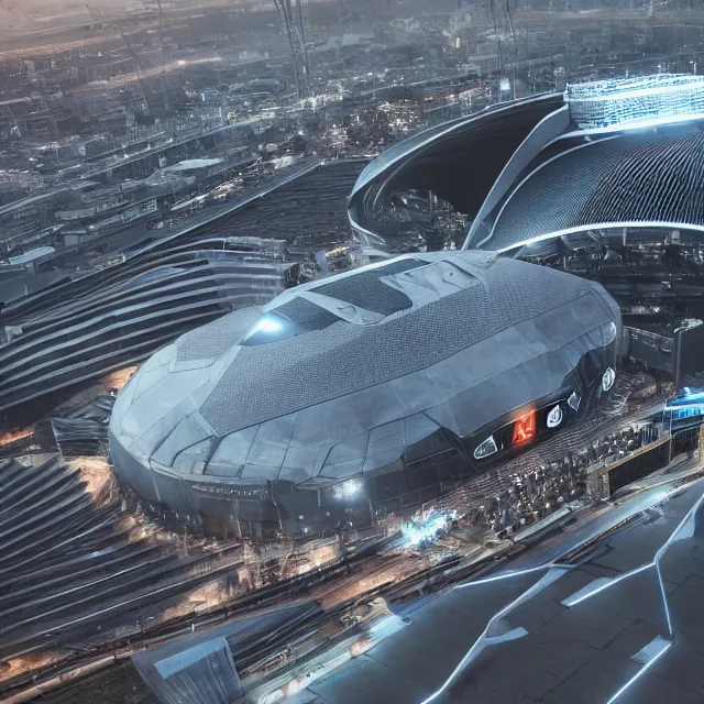 Image similar to a futuristic stadium with a giant metal gear on the field, the stadium has a full crowd, unreal engine, hyper realism, realistic shading, cinematic composition, realistic render, octane render, detailed textures, photorealistic, wide shot