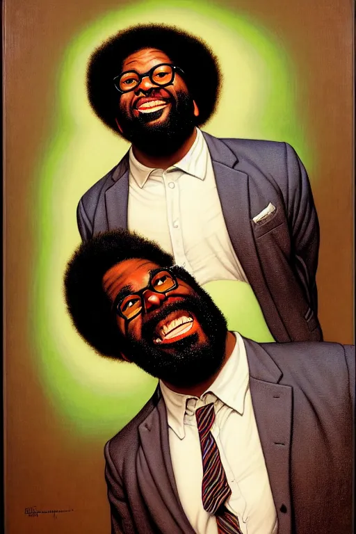 Prompt: portrait of questlove from the roots by gil elvgren and norman rockwell and rob gonsalves and hajime sorayama, hyperrealistic, high detail, ultra detailed, highly detailed face, ruffled fabric