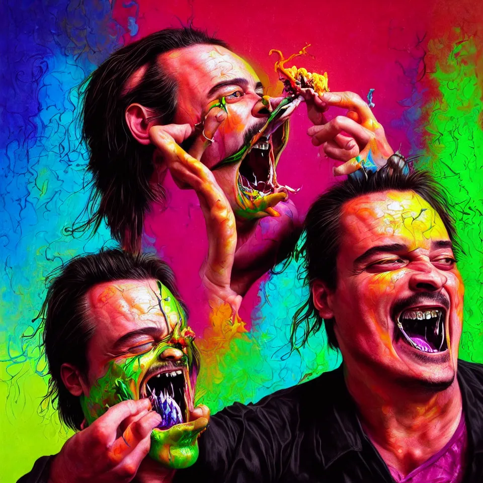 Image similar to bright psychedelic mike patton eating rotten flesh, smiling and puking, diffuse lighting, fantasy, intricate, elegant, highly detailed, lifelike, photorealistic, digital painting, artstation, illustration, concept art, smooth, sharp focus, art by francis bacon