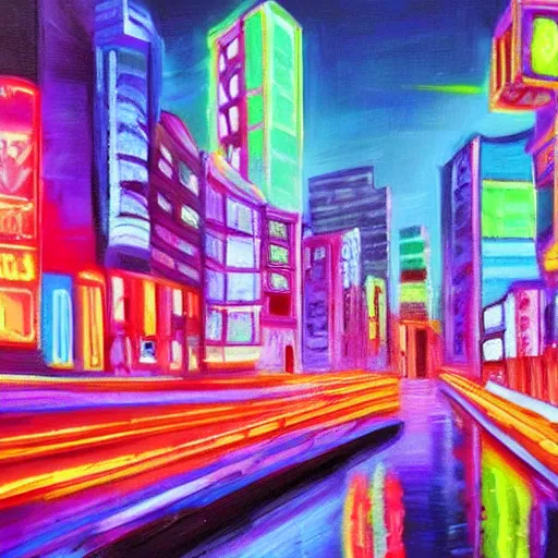 Image similar to neon city with cat realistic painting