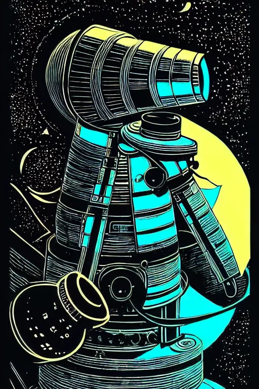 Image similar to wizard looking into a telescope, high details, intricately detailed, by vincent di fate, inking, 3 color screen print, masterpiece, trending on artstation,, sharp, details, hyper - detailed, hd, 4 k, 8 k