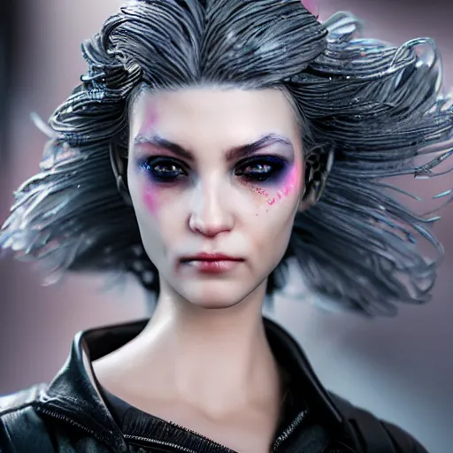 Image similar to ultra realistic painted sculpture of a beautiful cyberpunk woman. waxwork. cinematic makeup. detailed lifelike