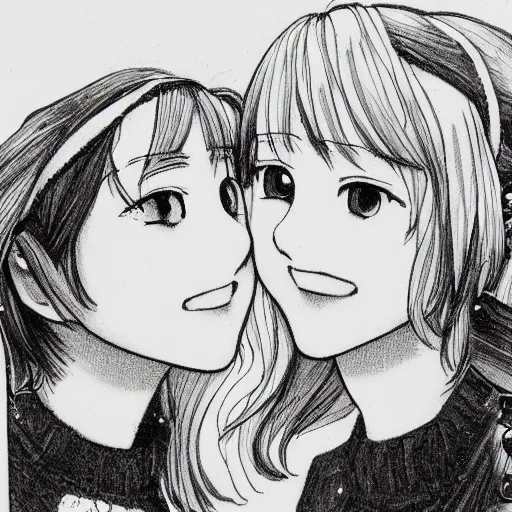 Image similar to portrait of two girls kissing, detailed manga art