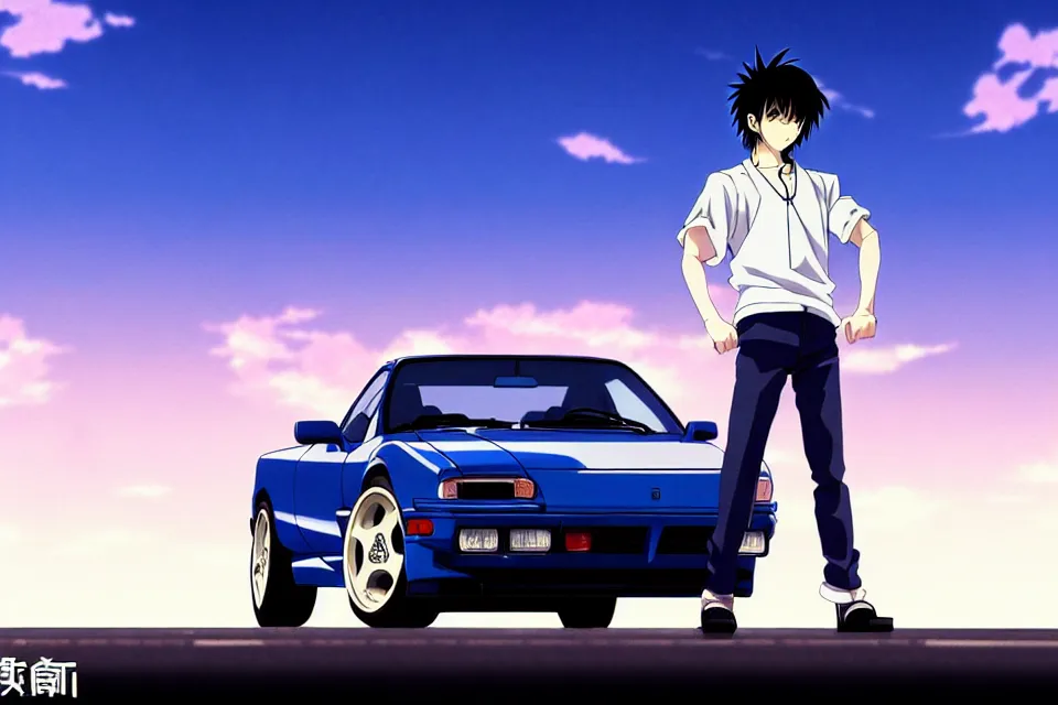 Prompt: anime illustration of manly ryosuke takahashi wearing a dark blue shirt and white pants, standing by his glossy white 1 9 9 0 mazda rx - 7 fc on an empty highway at sunrise, cinematic lighting, initial d anime 1 0 8 0 p, 9 0 s anime aesthetic, volumetric lights, rule of thirds, unreal engine render, pinterest wallpaper, trending on artstation
