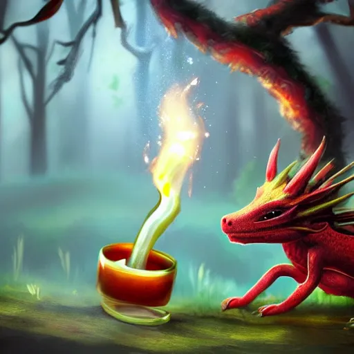 Image similar to image of a little cute dragon in a fantasy forest spitting honey instead of fire, digital art, trending on artstation