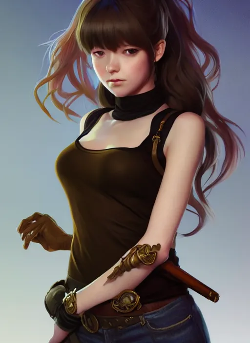 Image similar to portrait of a full body of beautiful young female detective, d & d, sleeveless turtleneck, fantasy, flat lighting, intricate, highly detailed, digital painting, artstation, concept art, smooth, sharp focus, illustration, misa amane, art by simon bisley and greg rutkowski and alphonse mucha, natural tpose