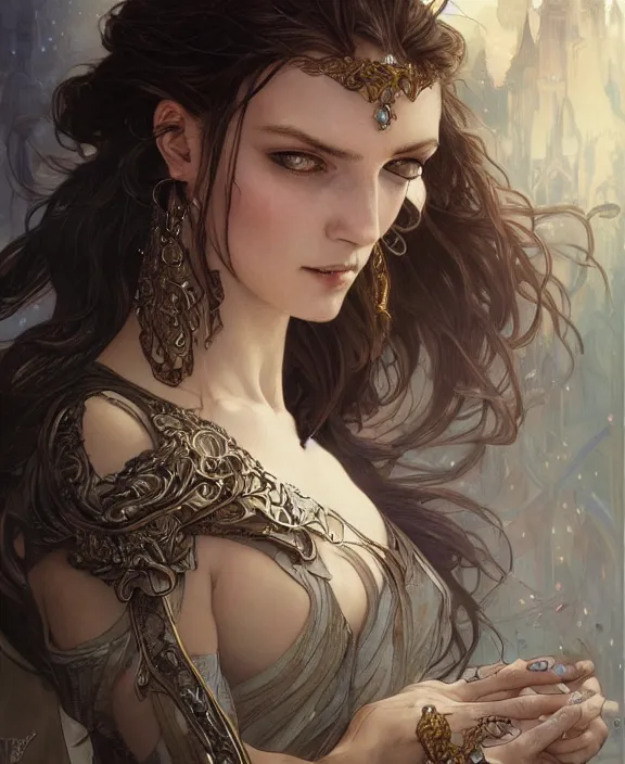 Image similar to portrait of a fantasy woman, half body, d & d, fantasy, intricate, elegant, highly detailed, digital painting, artstation, concept art, art by artgerm and greg rutkowski and alphonse mucha, luis royo