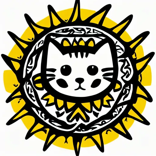 Image similar to tattoo sketch of a cat hugging the sun, on a yellow paper, maori ornament, polinesian style, minimalism, vector