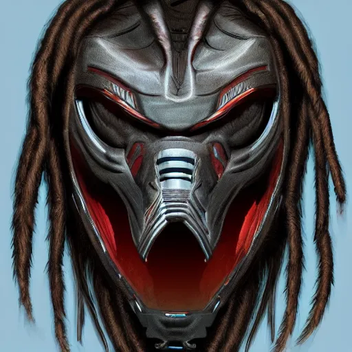 Image similar to predator 1 9 8 7 mask redesign, portrait, highly detailed, dreadlocks, mandables, digital painting, trending on artstation, concept art, illustration