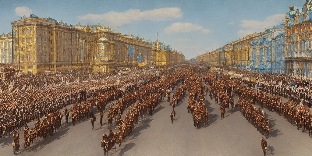 Image similar to Tzar parade in 1914 in summer, Saint Petersburg, morning, trending on Artstation