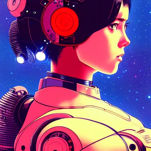 Image similar to side portrait scifi cyborg girl with robotic parts and spacesuit | | head only in center of image, audrey plaza, fine detail!! anime!! realistic shaded lighting!! poster by ilya kuvshinov katsuhiro otomo ghost - in - the - shell, magali villeneuve, artgerm, jeremy lipkin and michael garmash and rob rey