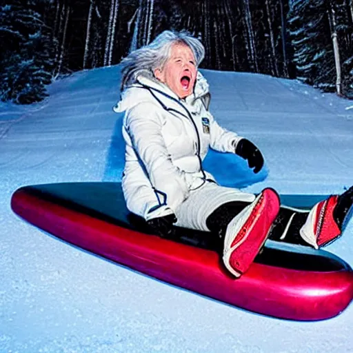 Image similar to sports illustrated photo, an elderly woman sliding down an incredibly long ice luge on her back at incredibly high speeds