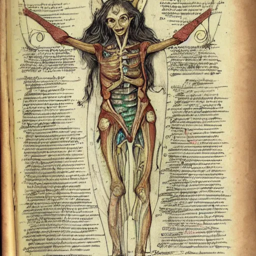 Image similar to page of an old anatomy book of fantastic creatures like leprechauns, fairies, dwarves and other, depicting the anatomy of a female magical fairy with golden green wings, long hair and elven features, old parchment