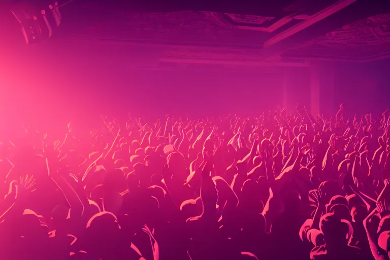 Prompt: crowd partying with their hands up at a club, volumetric lighting, haze, light beams, discoball, silhouette, digital art, trending on artstation, 4k, unreal engine, intricate, ornate
