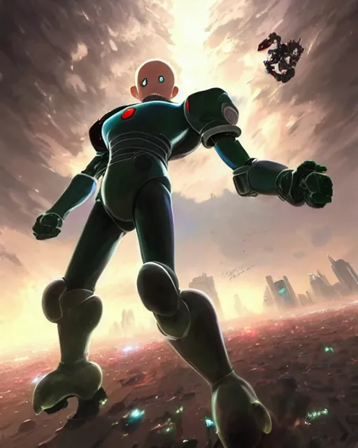 Image similar to gigachad luigi charging ultimate attack fighting a scifi mech like one punch man wearing a suit in the city, fantasy character portrait, ultra realistic, anime key visual, concept art, intricate details, highly detailed by greg rutkowski, ilya kuvshinov, gaston bussiere, craig mullins, simon bisley