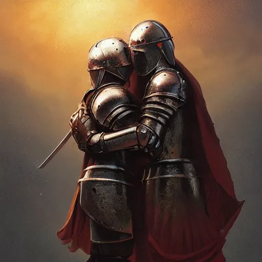 Image similar to digital painting of two medieval knights hugging each other in dispair while the universe is exploding, in a medieval village, stunning, surreal, cinematic lighting, concept art by greg rutkowski and simon stalenhag