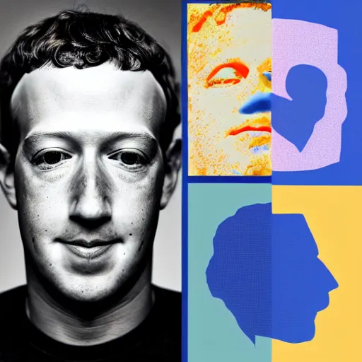 Image similar to a portrait of of mark zuckerberg constructed from facebook profile photos, collage, drop shadow, organic, layered composition, layers, texture, mcu, petals, highly textured, layered, sculpted, dynamic,