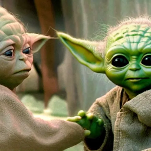 Prompt: a film still of baby yoda's kid talking to the spirit of yoda in star wars realistic, detailed
