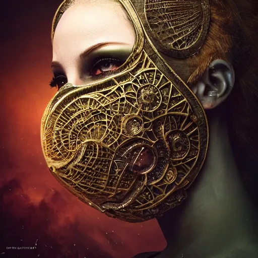 Image similar to Very very very very highly detailed epic central composition studio photography of face with venetian mask, intricate, dystopian, sci-fi, extremely detailed, digital painting, artstation, concept art, smooth, sharp focus, illustration, intimidating lighting, incredible art by Brooke Shaden