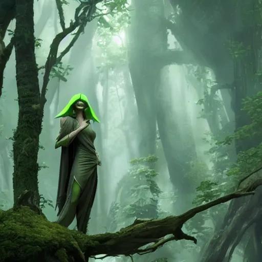 Prompt: a green angelina jolie with yoda ears greg rutkowski and jason chan highly detailed cinematic lighting octane render unreal engine