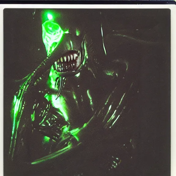 Image similar to a polaroid picture of a xenomorph with fluorescent flesh, polaroid pic by giger