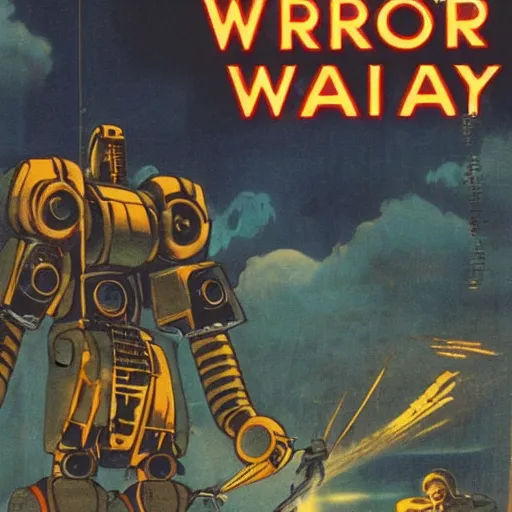 Image similar to a vintage scifi book cover of a warrior woman facing off against a gigantic robot, low perspective, detailed clouds