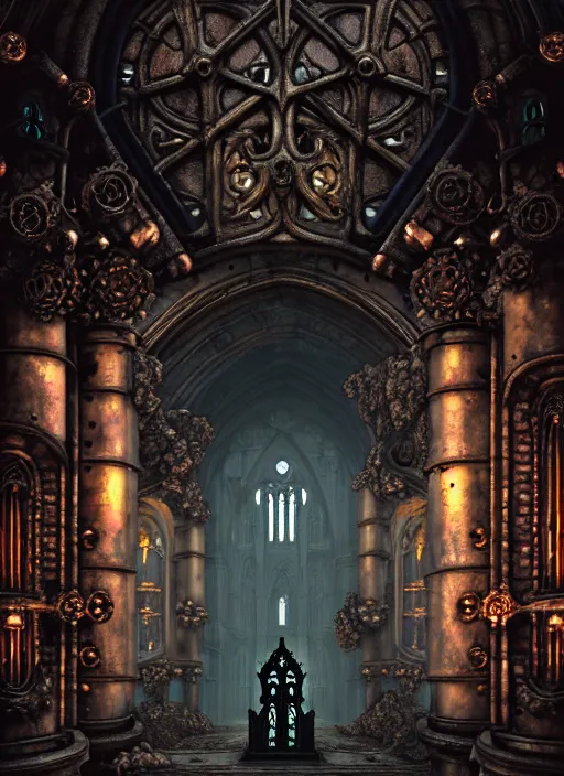 Image similar to steam necropolis, memento mori, gothic, neo - gothic, art nouveau, hyperdetailed copper patina medieval icon, stefan morrell, philippe druillet, ralph mcquarrie, concept art, steampunk, unreal engine, detailed intricate environment, octane render, moody atmospherics, volumetric lighting, ultrasharp, ominous, otherworldly