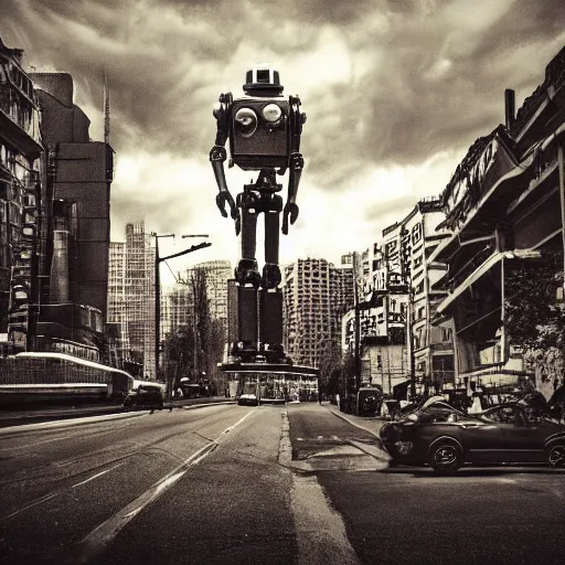 Prompt: highly detailed robot, dark dystopian city, dramatic clouds, instamatic photo, sepia