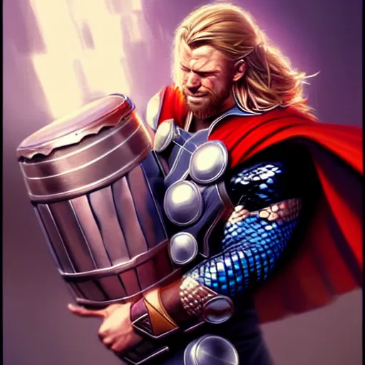 Image similar to thor playing the bongos, comic style by guweiz and stanley artgerm, extremely high quality artwork, very detailed, trending on artstation