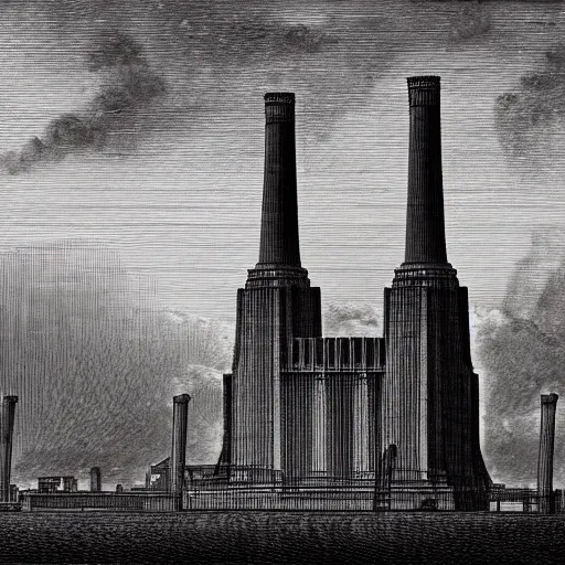 Image similar to A detailed engraving of a battersea power station in the style of gustave dore