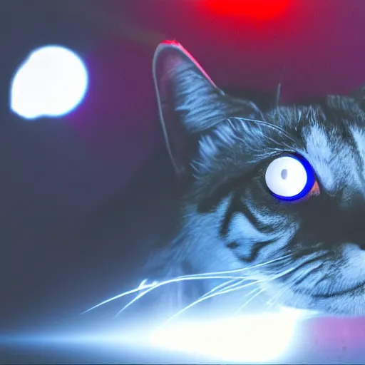 Image similar to Still of a mechanical chrome metallic cat with glowing red eyes staring at the camera, red lens flare