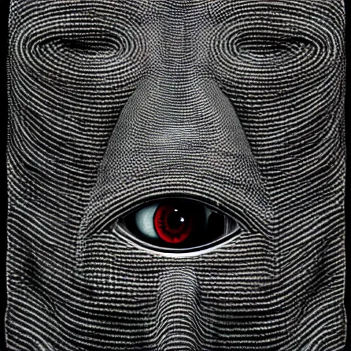 Image similar to portrait photo of a wool sock with giant eyes, face made from thick cyberpunk wires, extremely high details, realistic, by MC Escher and Rene Margitte and victor enrich