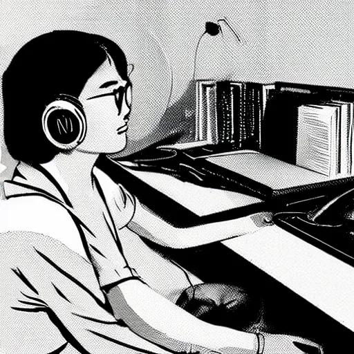 Image similar to a trot singer working on a dissertation while listening to lo-fi with futuristic headphones, artwork by liam wong