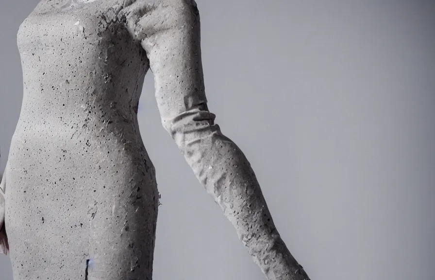 Prompt: a dress made of cement, on a manequinn, studio photography