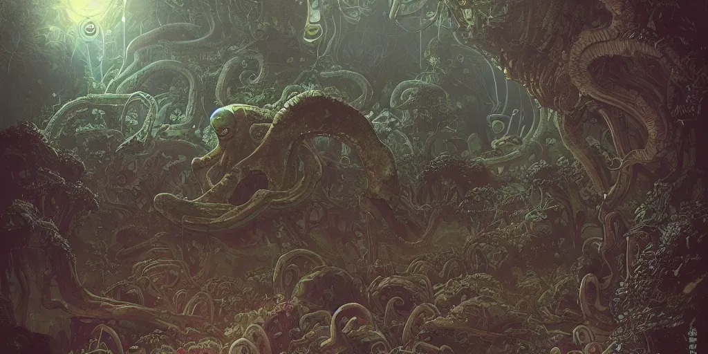 Image similar to highly detailed illustration of a nausicaa alien cephalopod in a world overgrown with fungus and spores, diffuse lighting, fog, stunning atmosphere, religious imagery, huge gargantuan black sun, muted colors, by kilian eng and james jean