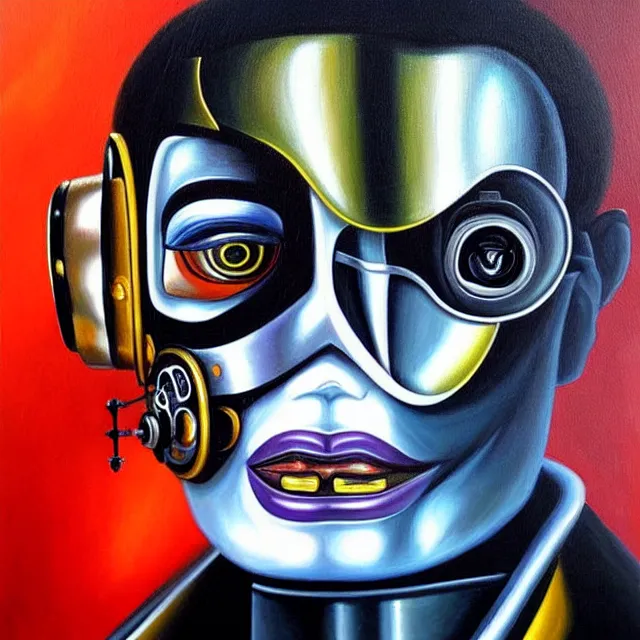 Image similar to a beautiful painting cyberpunk robot michael jackson face, by salvador dali realistic oil painting