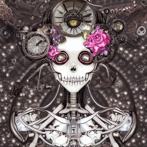 Image similar to surreal manga anime portrait girl skull of complex bio - mechanical beautiful young female skeletal cyborg with a mandelbrot fractal steampunk metal skull face, disney, retrofuturistic depressing, floral foliage, rococo, steampunk, 8 k