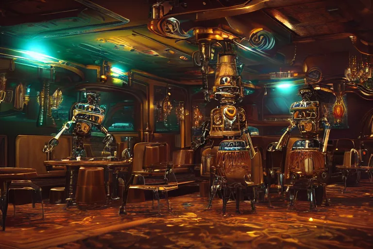 Image similar to 3 steampunk robot dancing inside a luxury futuristic nightliner, a table with many bottles of beer and wiskey, exaggerated detailed, unreal engine, subtle multicolored light, 3 5 mm lens