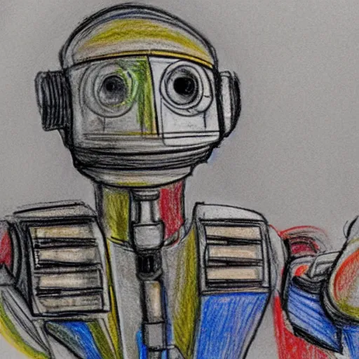 Image similar to humanoid robot testifying on stand in courtroom, courtroom sketch, messy color pencil sketch, droid