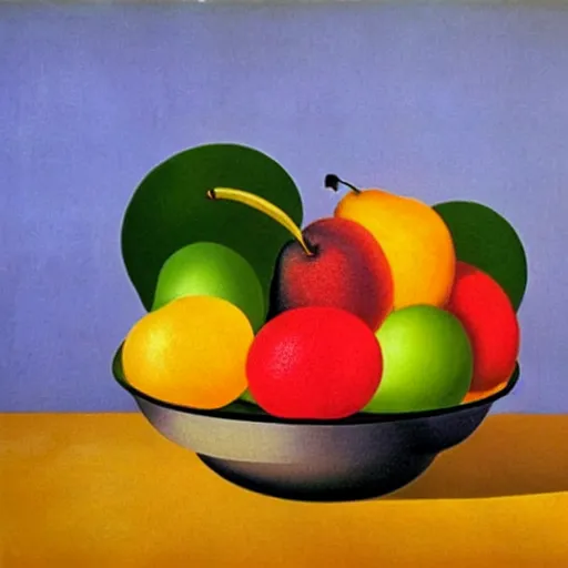 Image similar to surreal bowl of fruit by Rene Magritte