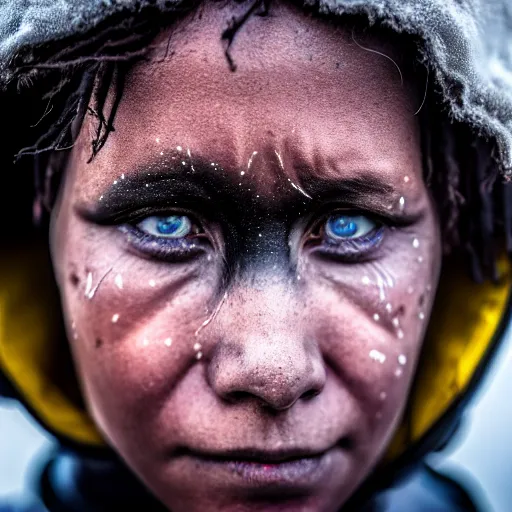 Image similar to photographic portrait of a poor techwear woman holding back tears, a futuristic shanty town burns in the background, closeup, sigma 85mm f/1.4, 4k, depth of field, high resolution, 4k, 8k, hd, full color