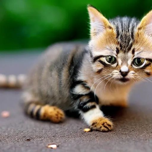 Domestic angry cat sitting in front of entry door. Kitten is