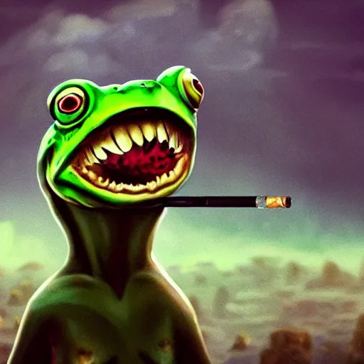 Image similar to A close up portrait of a scary godlike anthropomorphic frog smoking an anime cigarette , magic mushroom village in background . award winning. superb resolution. in the art style of junji Ito and greg rutkowski . Detailed Mushroom city in background. Hyper realistic anime. Perfect art. Dalle2