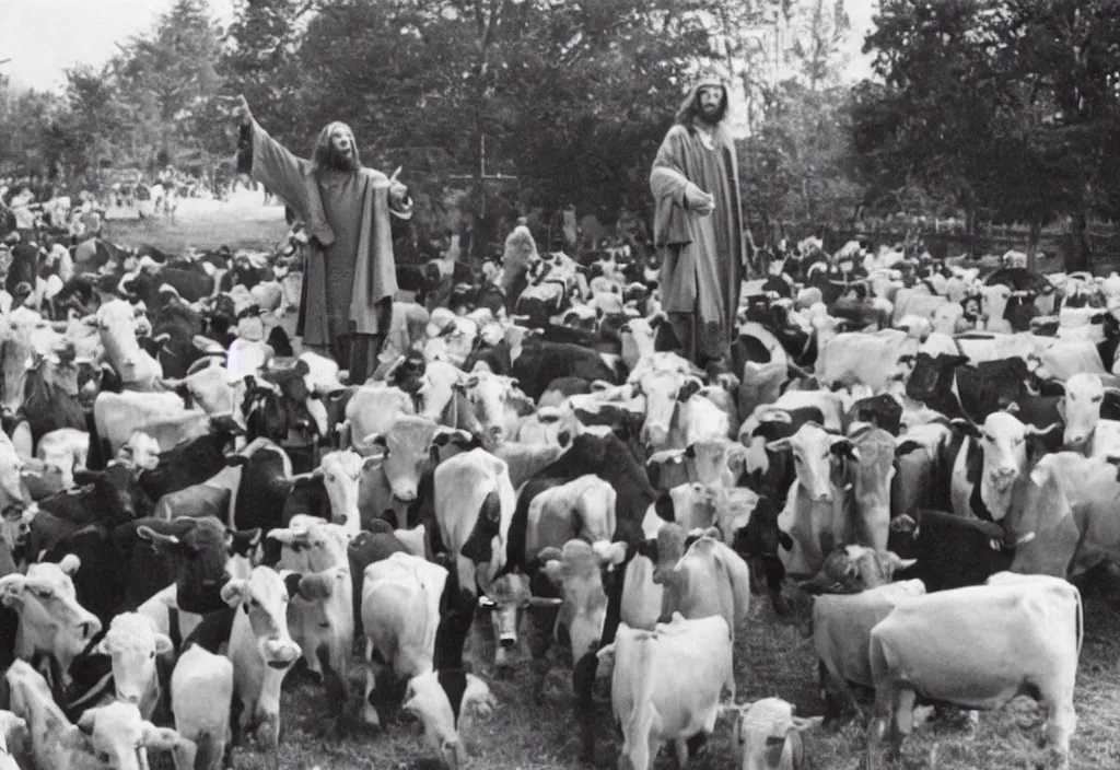 Prompt: jesus preaching to cows in nazi germany, dressed as a milkman