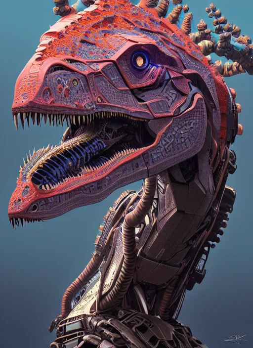 Image similar to symmetry!! portrait of a hybrid robot dinosaur, floral! horizon zero dawn machine, intricate, elegant, highly detailed, ray tracing, digital painting, artstation, concept art, smooth, sharp focus, illustration, art by artgerm and greg rutkowski and alphonse mucha, 8 k